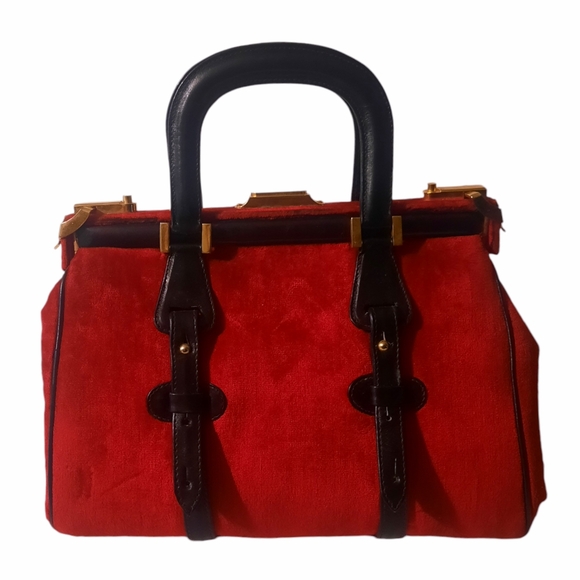 CESARE PICCINI Vintage Velvet Satchel w/ Leather Trim Red/Blk Gold HW - Picture 6 of 13